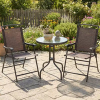 Gymax Ensemble bistro de terrasse d'extérieur 3 pièces avec table en verre trempé ondulé, 2 chaises pliantes à cadre en acier, patins réglables pour jardin, porche, cour