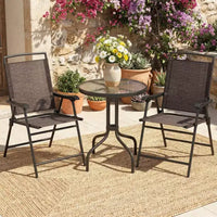 Gymax Ensemble bistro de terrasse d'extérieur 3 pièces avec table en verre trempé ondulé, 2 chaises pliantes à cadre en acier, patins réglables pour jardin, porche, cour
