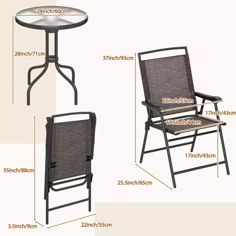 Gymax Ensemble bistro de terrasse d'extérieur 3 pièces avec table en verre trempé ondulé, 2 chaises pliantes à cadre en acier, patins réglables pour jardin, porche, cour