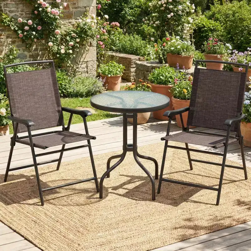 Gymax Ensemble bistro de terrasse d'extérieur 3 pièces avec table en verre trempé ondulé, 2 chaises pliantes à cadre en acier, patins réglables pour jardin, porche, cour