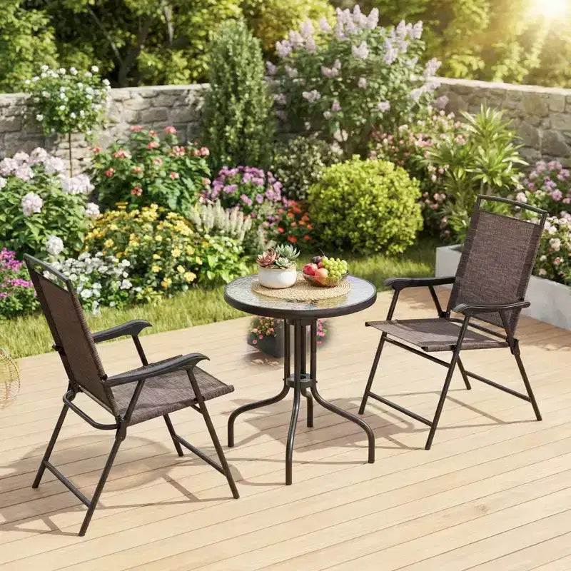 Gymax Ensemble bistro de terrasse d'extérieur 3 pièces avec table en verre trempé ondulé, 2 chaises pliantes à cadre en acier, patins réglables pour jardin, porche, cour