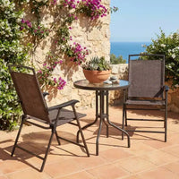 Gymax Ensemble bistro de terrasse d'extérieur 3 pièces avec table en verre trempé ondulé, 2 chaises pliantes à cadre en acier, patins réglables pour jardin, porche, cour