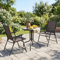 Gymax Ensemble bistro de terrasse d'extérieur 3 pièces avec table en verre trempé ondulé, 2 chaises pliantes à cadre en acier, patins réglables pour jardin, porche, cour
