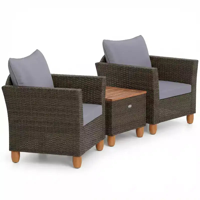 Gymax Ensemble de bistro 3 pièces en rotin pour patio extérieur avec canapés rembourrés et plateau de table en bois durable pour balcon jardin patio gris/noir
