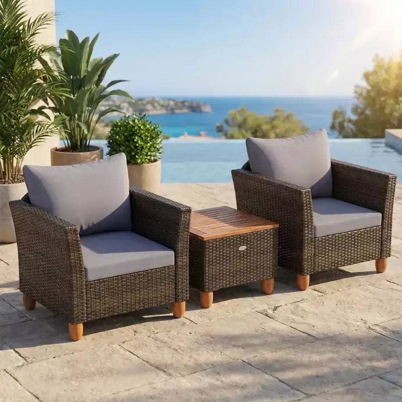 Gymax Ensemble de bistro 3 pièces en rotin pour patio extérieur avec canapés rembourrés et plateau de table en bois durable pour balcon jardin patio gris/noir