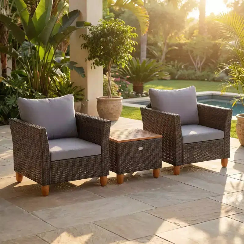 Gymax Ensemble de bistro 3 pièces en rotin pour patio extérieur avec canapés rembourrés et plateau de table en bois durable pour balcon jardin patio gris/noir
