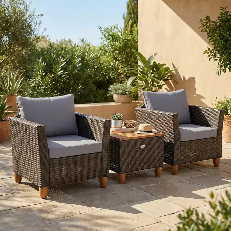 Gymax Ensemble de bistro 3 pièces en rotin pour patio extérieur avec canapés rembourrés et plateau de table en bois durable pour balcon jardin patio gris/noir