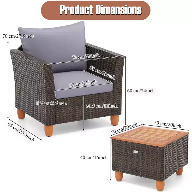 Gymax Ensemble de bistro 3 pièces en rotin pour patio extérieur avec canapés rembourrés et plateau de table en bois durable pour balcon jardin patio gris/noir