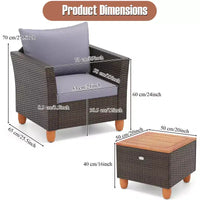 Gymax Ensemble de bistro 3 pièces en rotin pour patio extérieur avec canapés rembourrés et plateau de table en bois durable pour balcon jardin patio gris/noir