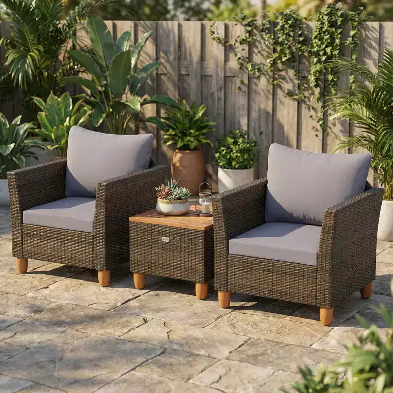 Gymax Ensemble de bistro 3 pièces en rotin pour patio extérieur avec canapés rembourrés et plateau de table en bois durable pour balcon jardin patio gris/noir