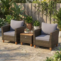 Gymax Ensemble de bistro 3 pièces en rotin pour patio extérieur avec canapés rembourrés et plateau de table en bois durable pour balcon jardin patio gris/noir