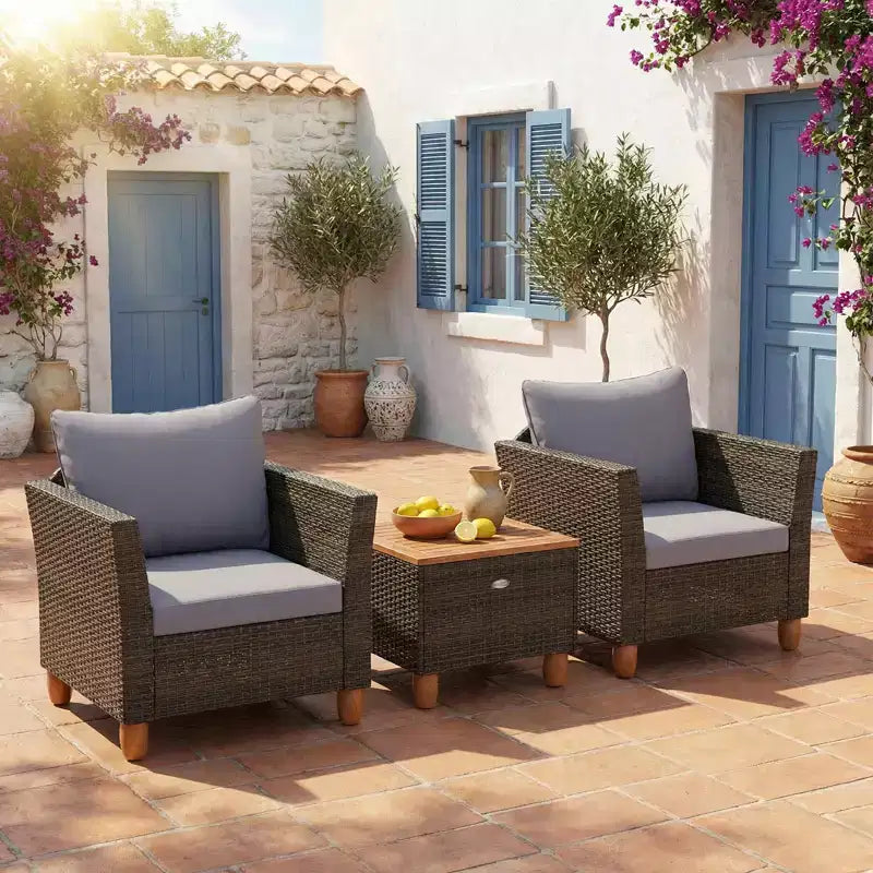 Gymax Ensemble de bistro 3 pièces en rotin pour patio extérieur avec canapés rembourrés et plateau de table en bois durable pour balcon jardin patio gris/noir