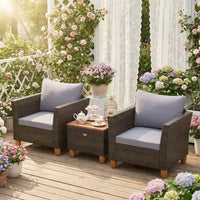 Gymax Ensemble de bistro 3 pièces en rotin pour patio extérieur avec canapés rembourrés et plateau de table en bois durable pour balcon jardin patio gris/noir