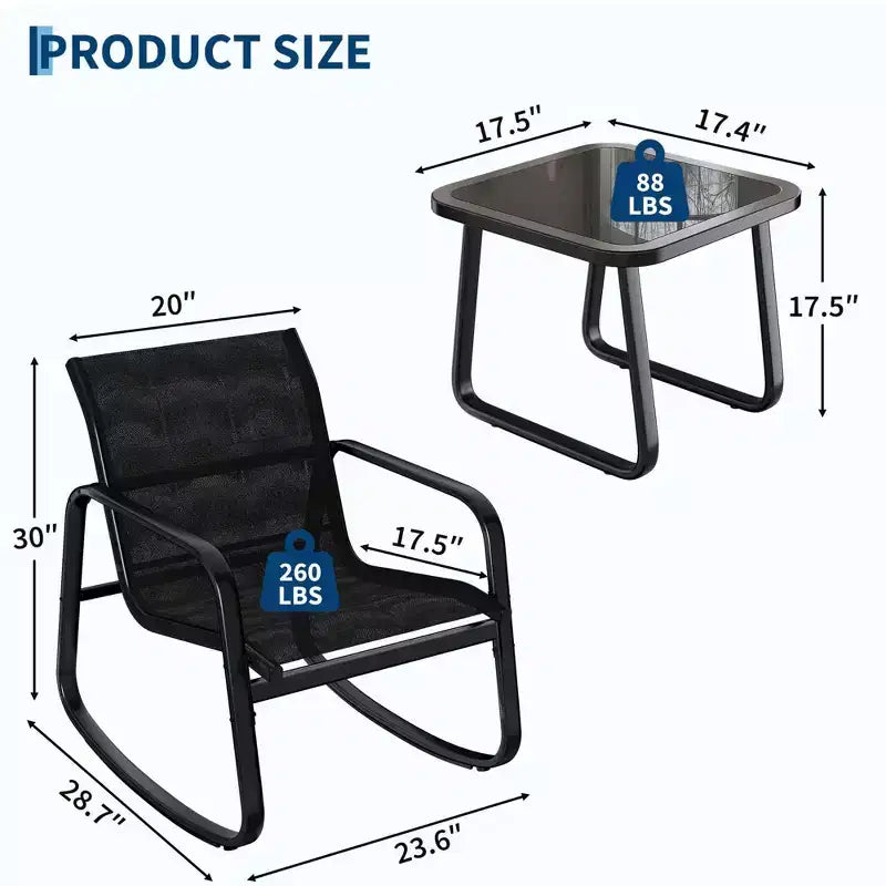 Ensemble de bistro à bascule d'extérieur Garvee 3 pièces, ensemble de meubles de petit patio en tissu textilène avec accoudoirs en fer et table basse pour pelouse, porche