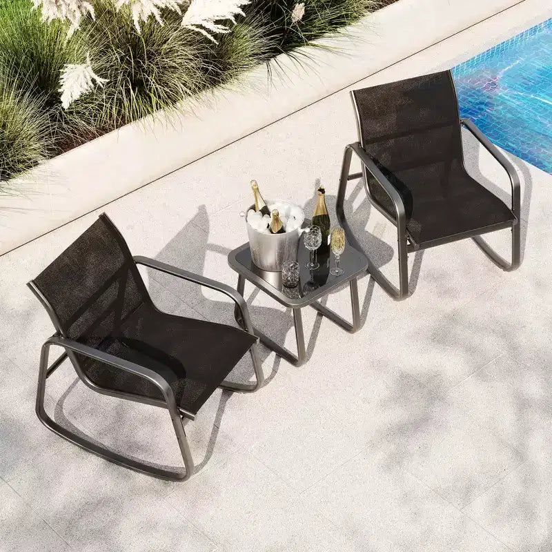 Ensemble de bistro à bascule d'extérieur Garvee 3 pièces, ensemble de meubles de petit patio en tissu textilène avec accoudoirs en fer et table basse pour pelouse, porche