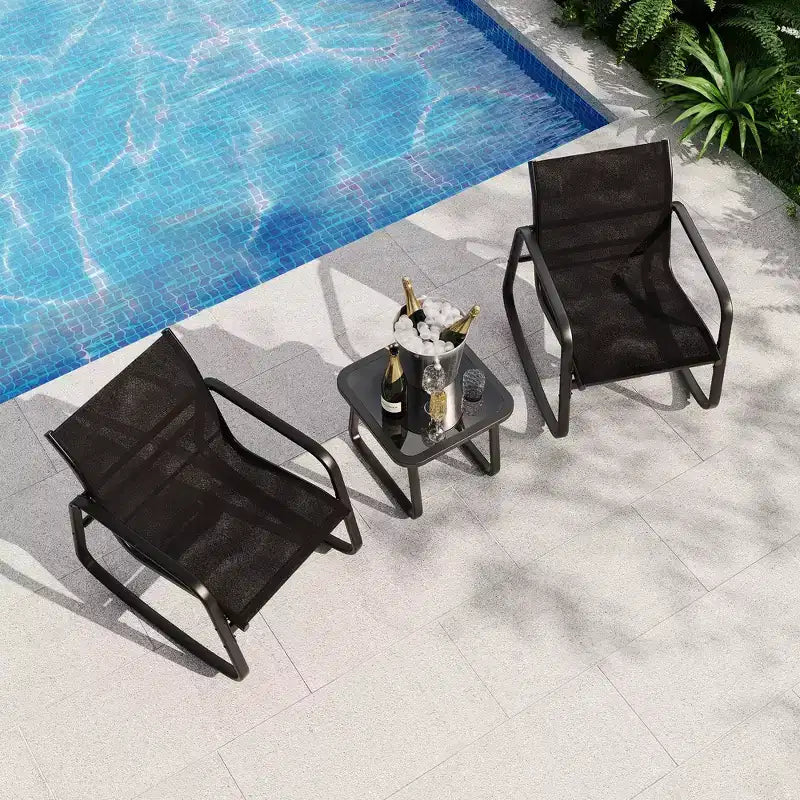 Ensemble de bistro à bascule d'extérieur Garvee 3 pièces, ensemble de meubles de petit patio en tissu textilène avec accoudoirs en fer et table basse pour pelouse, porche