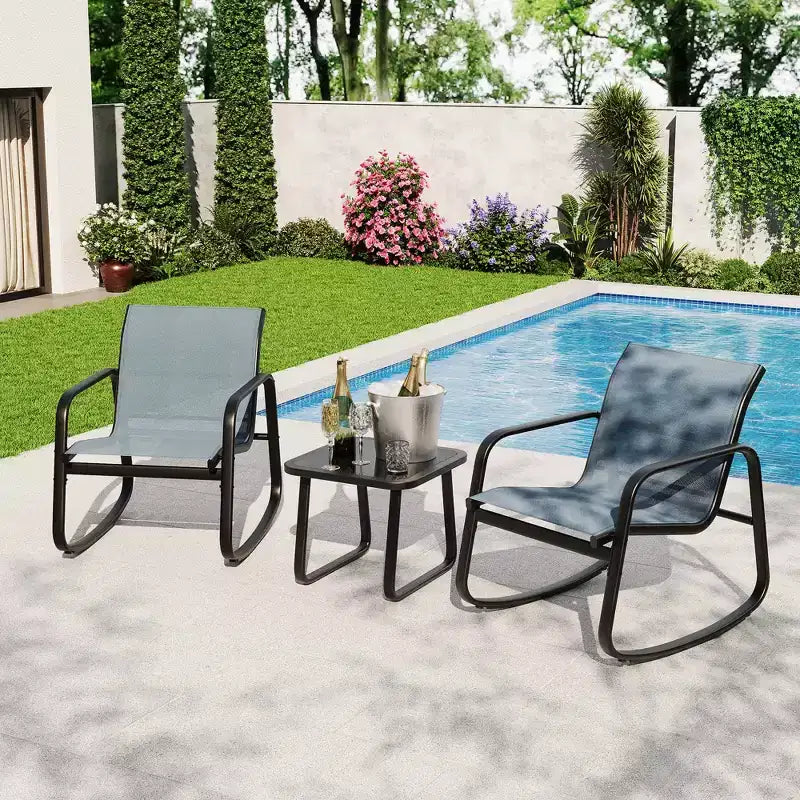 Ensemble de bistro à bascule d'extérieur Garvee 3 pièces, ensemble de meubles de petit patio en tissu textilène avec accoudoirs en fer et table basse pour pelouse, porche