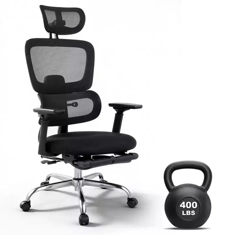 Chaise de bureau et de gaming ergonomique à dossier haut en maille, capacité de 180 kg, avec accoudoirs relevables, appui-tête, support lombaire et repose-pieds réglables, inclinable