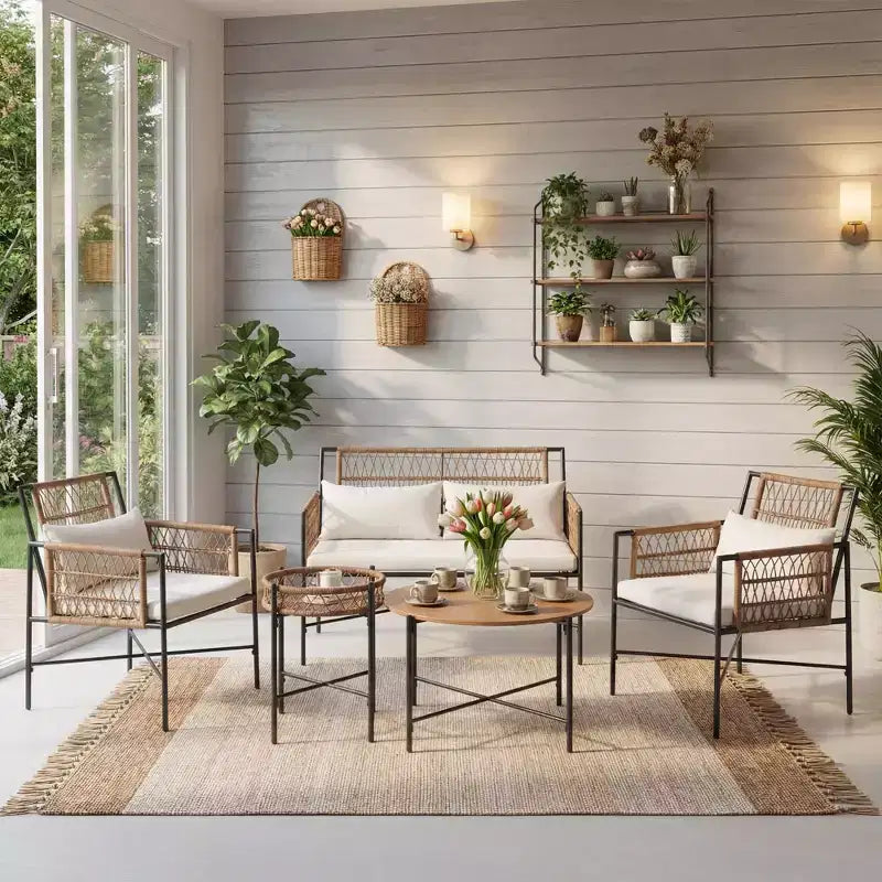 LAUSAINT HOME Ensemble de mobilier de terrasse, ensemble de conversation d'extérieur en résine tressée avec 2 fauteuils en rotin tressé PE, 1 causeuse avec coussins