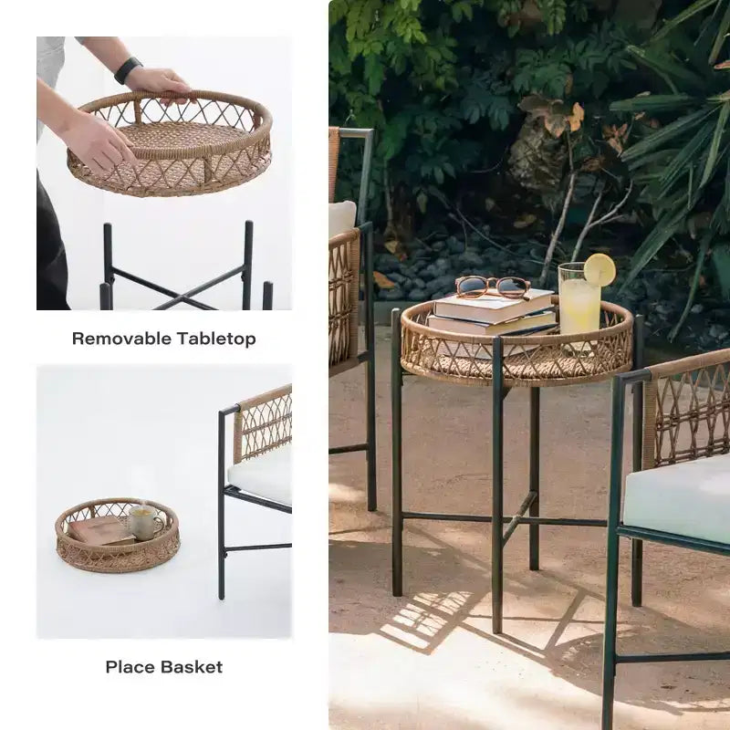 LAUSAINT HOME Ensemble de mobilier de terrasse, ensemble de conversation d'extérieur en résine tressée avec 2 fauteuils en rotin tressé PE, 1 causeuse avec coussins