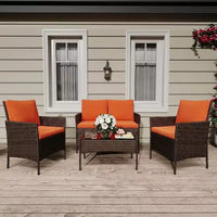 Ensemble de bar de terrasse en osier 4 pièces - Mobilier de conversation extérieur avec causeuse, 2 chaises rembourrées, table basse en verre - Rotin toutes saisons