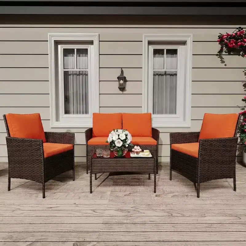 Ensemble de bar de terrasse en osier 4 pièces - Mobilier de conversation extérieur avec causeuse, 2 chaises rembourrées, table basse en verre - Rotin toutes saisons