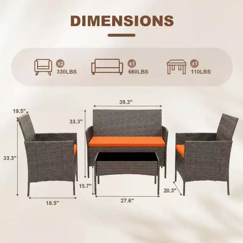 Ensemble de bar de terrasse en osier 4 pièces - Mobilier de conversation extérieur avec causeuse, 2 chaises rembourrées, table basse en verre - Rotin toutes saisons