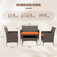 Ensemble de bar de terrasse en osier 4 pièces - Mobilier de conversation extérieur avec causeuse, 2 chaises rembourrées, table basse en verre - Rotin toutes saisons