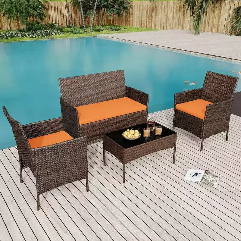 Ensemble de bar de terrasse en osier 4 pièces - Mobilier de conversation extérieur avec causeuse, 2 chaises rembourrées, table basse en verre - Rotin toutes saisons