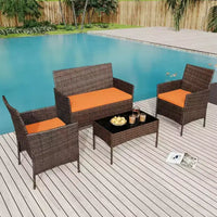 Ensemble de bar de terrasse en osier 4 pièces - Mobilier de conversation extérieur avec causeuse, 2 chaises rembourrées, table basse en verre - Rotin toutes saisons