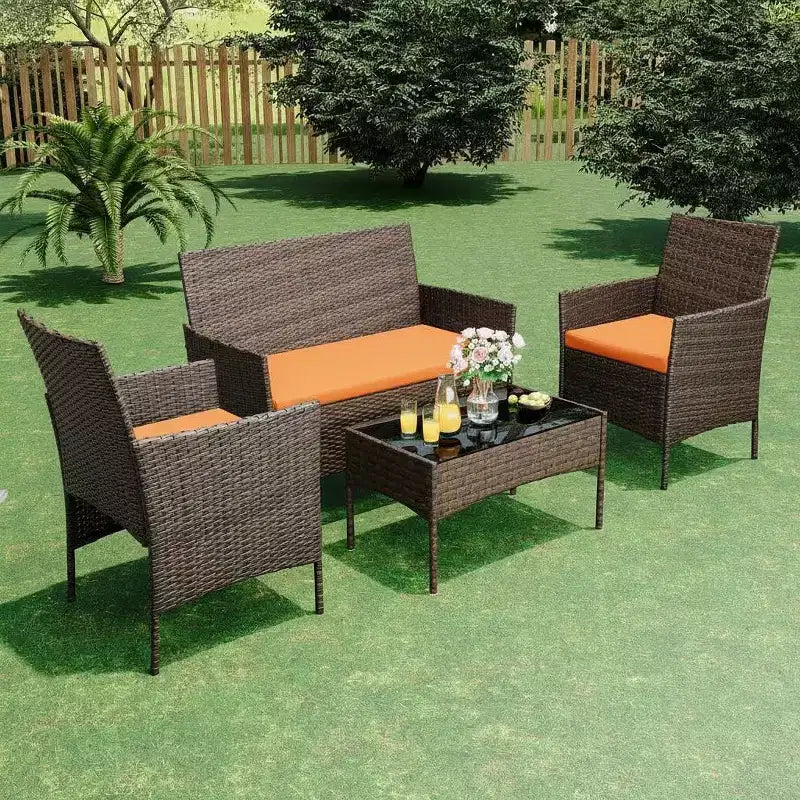Ensemble de bar de terrasse en osier 4 pièces - Mobilier de conversation extérieur avec causeuse, 2 chaises rembourrées, table basse en verre - Rotin toutes saisons