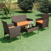 Ensemble de bar de terrasse en osier 4 pièces - Mobilier de conversation extérieur avec causeuse, 2 chaises rembourrées, table basse en verre - Rotin toutes saisons