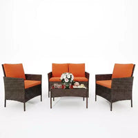 Ensemble de bar de terrasse en osier 4 pièces - Mobilier de conversation extérieur avec causeuse, 2 chaises rembourrées, table basse en verre - Rotin toutes saisons