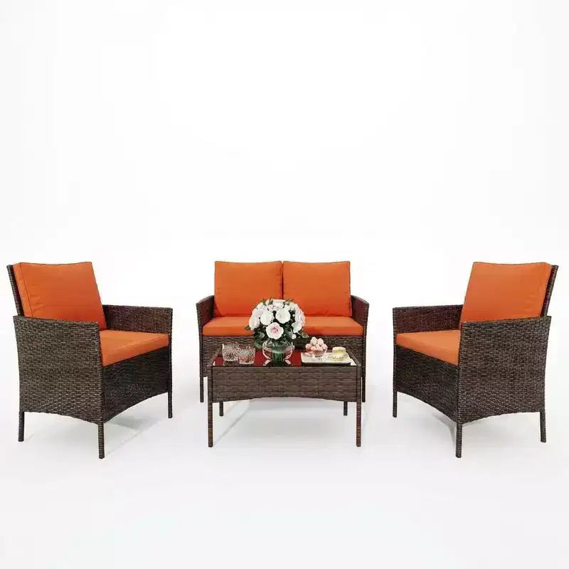 Ensemble de bar de terrasse en osier 4 pièces - Mobilier de conversation extérieur avec causeuse, 2 chaises rembourrées, table basse en verre - Rotin toutes saisons