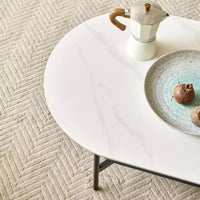 Table basse JVNOXK en céramique blanche avec étagère inférieure marron café, table basse à 2 niveaux en MDF et cadre en acier pour le salon