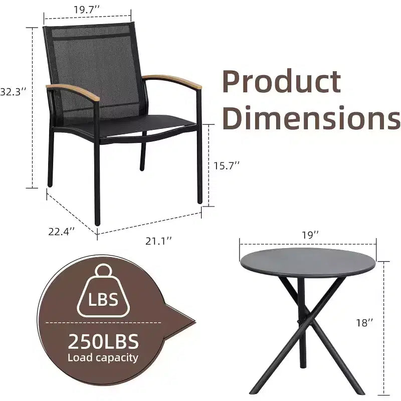 Ensemble bistro de patio d'extérieur 3 pièces - Petit mobilier de conversation en tissu Textilene pour pelouse, jardin, balcon