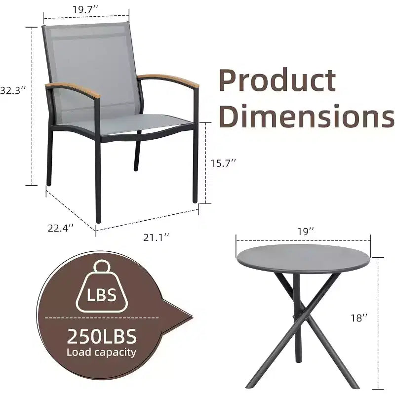 Ensemble bistro de patio d'extérieur 3 pièces - Petit mobilier de conversation en tissu Textilene pour pelouse, jardin, balcon