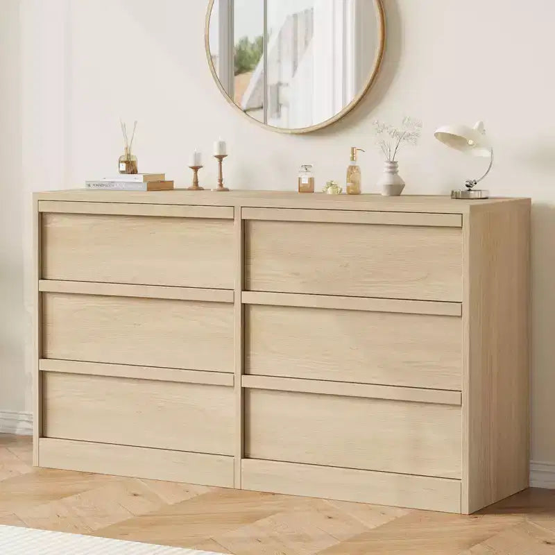 Commode 6 tiroirs en chêne naturel de 119 cm de large, grand buffet en bois avec grande capacité de rangement, pour salon, entrée