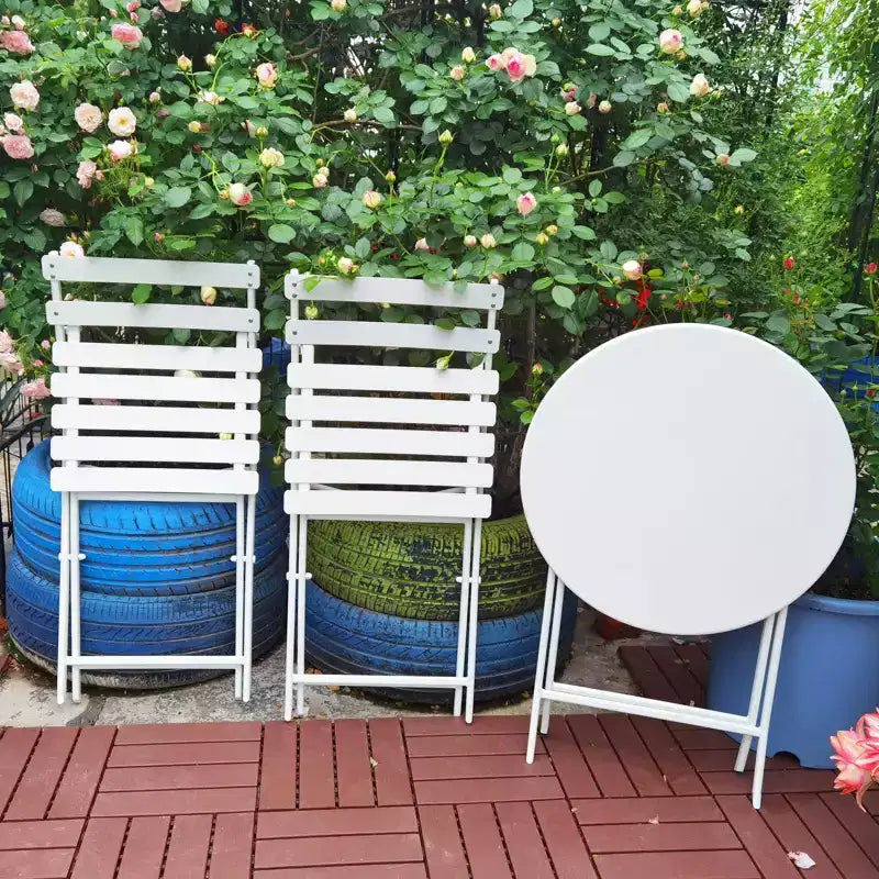 MAYEERTY Ensemble bistrot de patio pliable blanc 3 pièces, table et chaises rondes