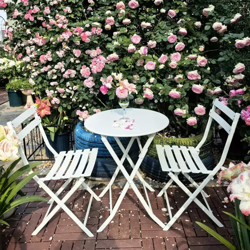 MAYEERTY 3 Piece White Foldable Patio Bistro Set, Round Table & Chairs