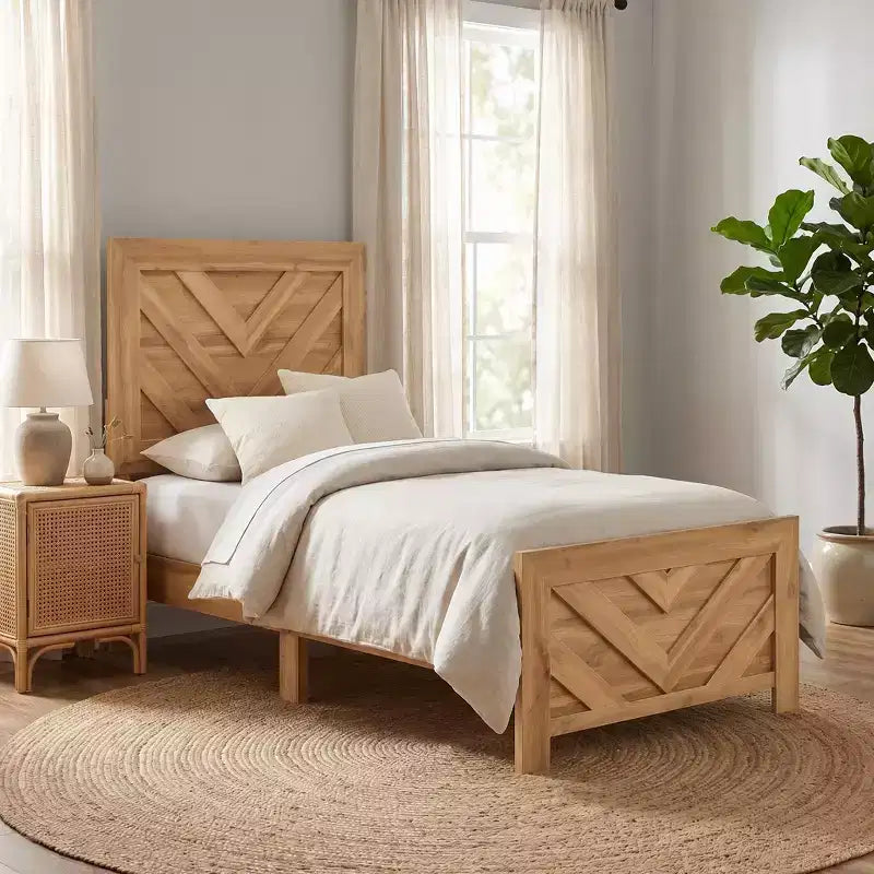 Cadre de lit en bois rustique GDFStudio Hudson, avec tête de lit et pied de lit à chevrons