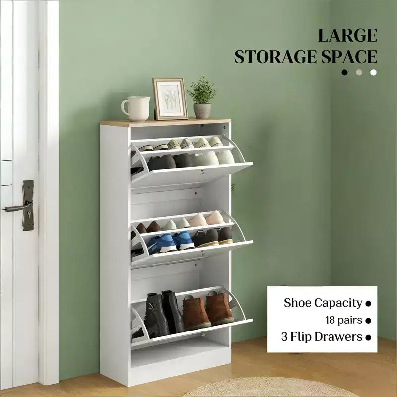 Meuble à chaussures avec 3 tiroirs rabattables - Rangement à chaussures moderne étroit pour entrée, 12-18 paires