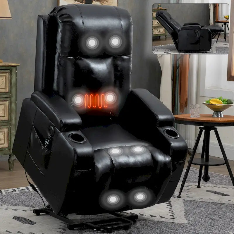 Fauteuil releveur électrique en similicuir PU noir, massage 8 points, chauffant, USB