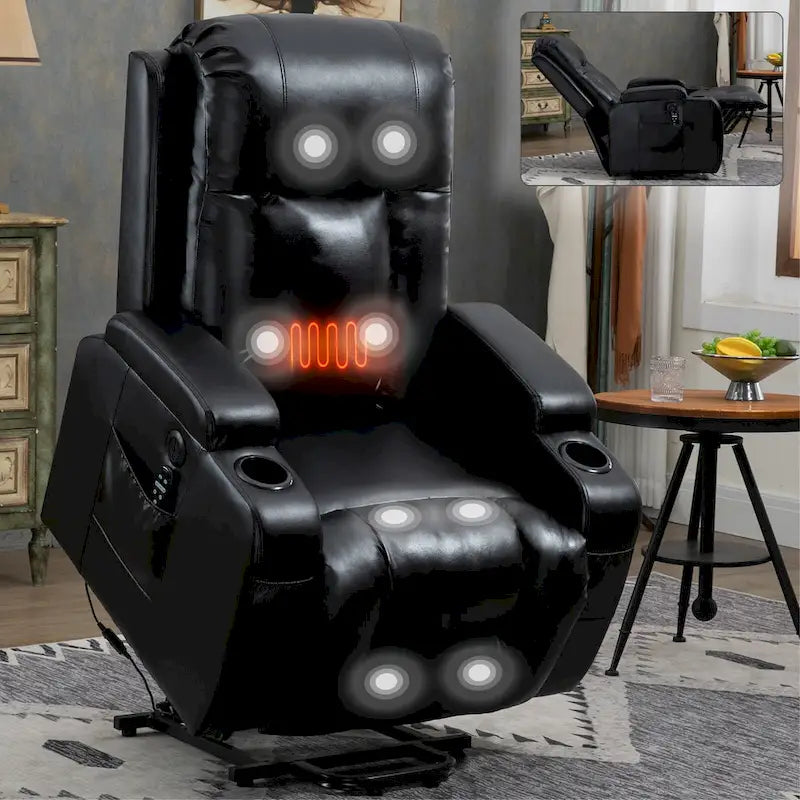 Fauteuil releveur électrique en similicuir PU noir, massage 8 points, chauffant, USB