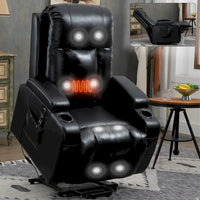 Fauteuil releveur électrique en similicuir PU noir, massage 8 points, chauffant, USB