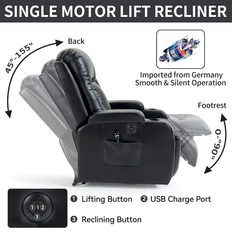 Fauteuil releveur électrique en similicuir PU noir, massage 8 points, chauffant, USB