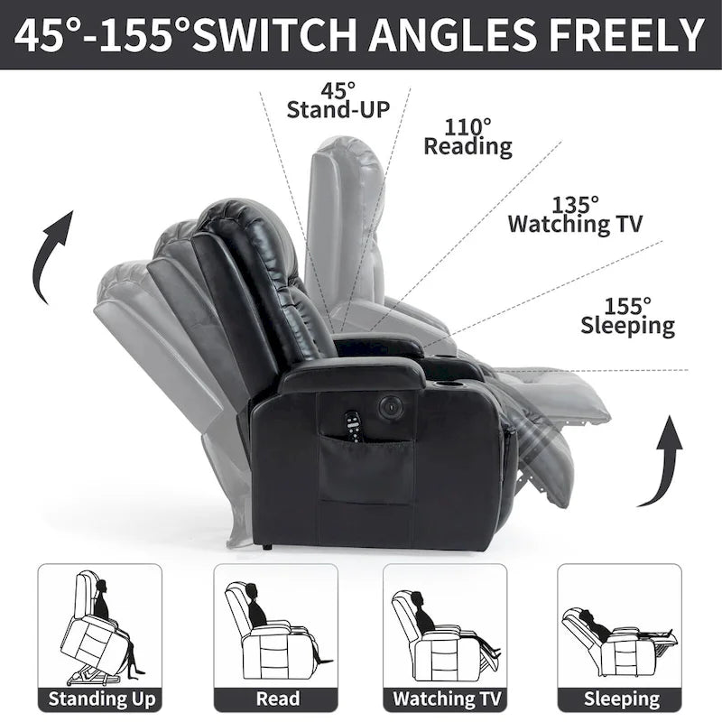 Fauteuil releveur électrique en similicuir PU noir, massage 8 points, chauffant, USB