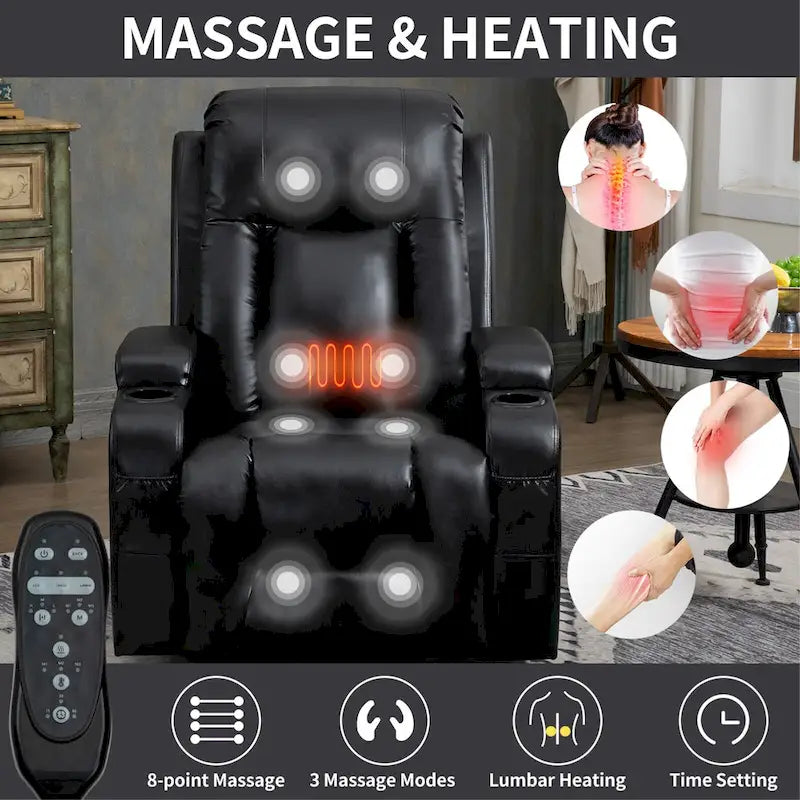 Fauteuil releveur électrique en similicuir PU noir, massage 8 points, chauffant, USB