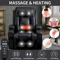 Fauteuil releveur électrique en similicuir PU noir, massage 8 points, chauffant, USB
