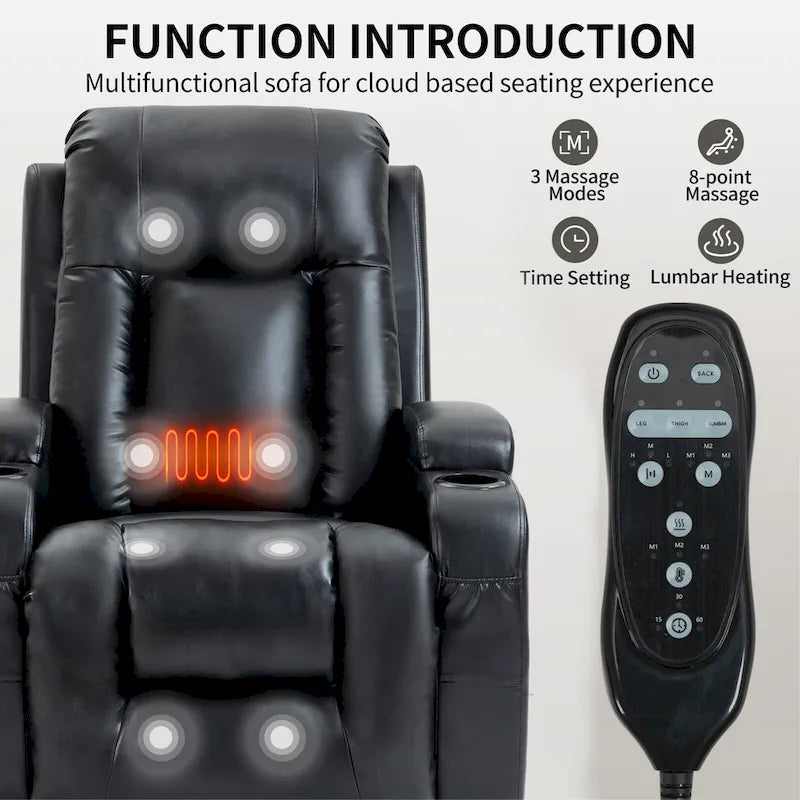 Fauteuil releveur électrique en similicuir PU noir, massage 8 points, chauffant, USB